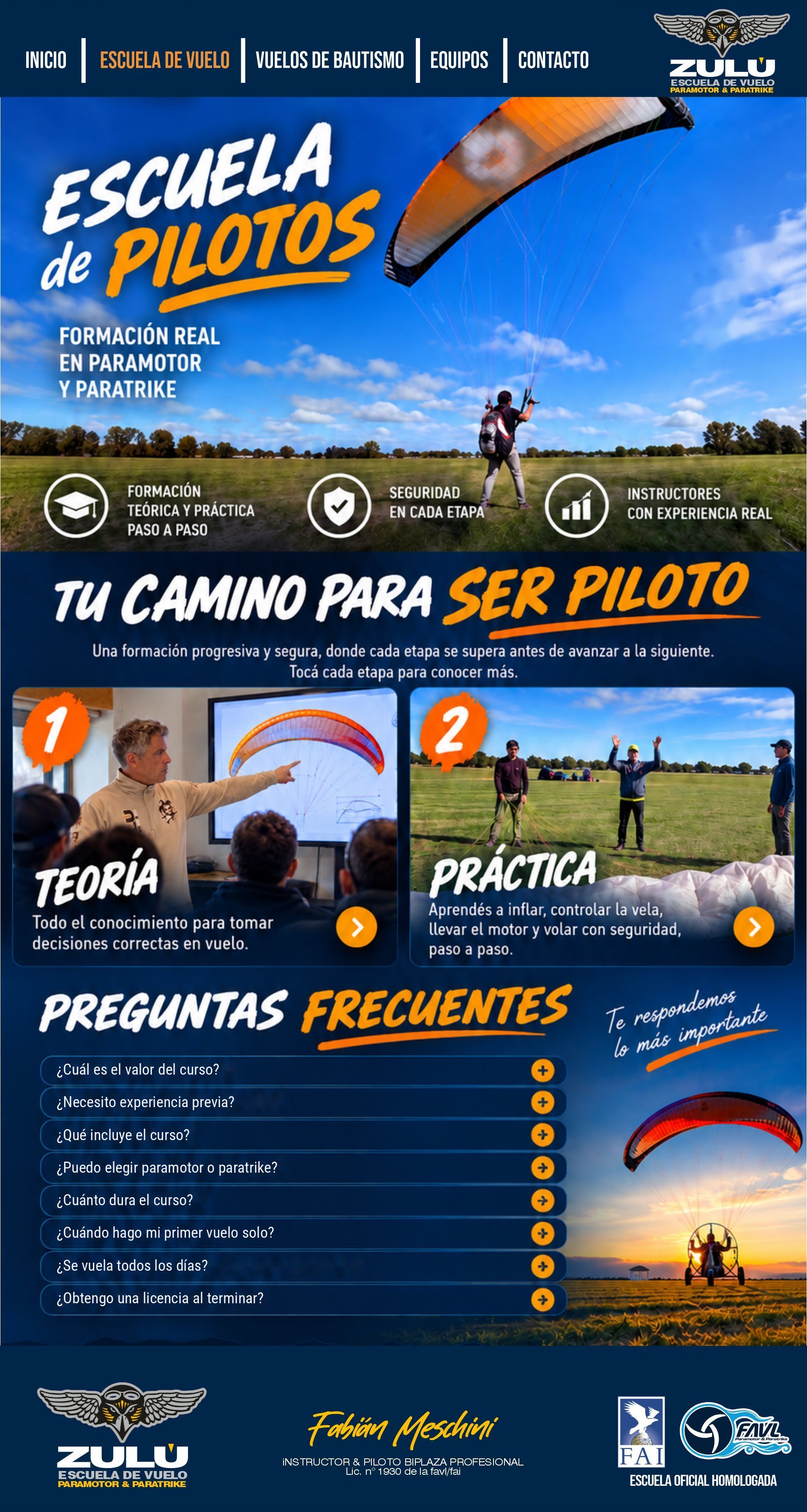 Escuela de pilotos ZULÚ: formación real en paramotor y paratrike. Tu camino para ser piloto: 1 Teoría, 2 Práctica. Preguntas frecuentes.